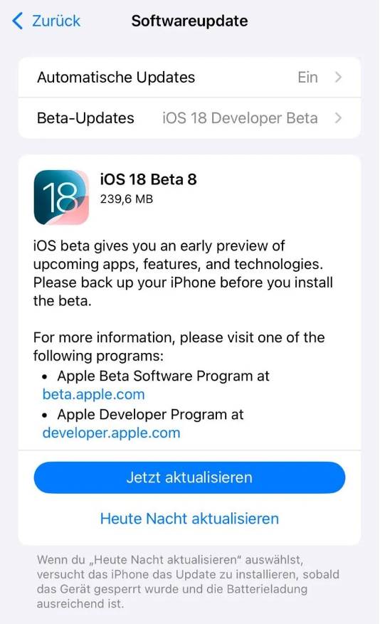 玉山苹果手机维修分享苹果 iOS / iPadOS 18 开发者预览版 Beta 8 发布 